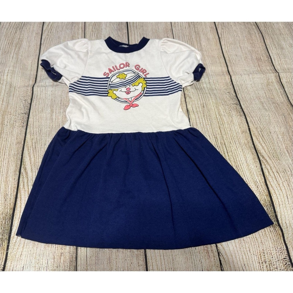 Vintage Girls Health Tex Sailor Girl Dress Blue White Pink Made in USA Sz 5 TbA3